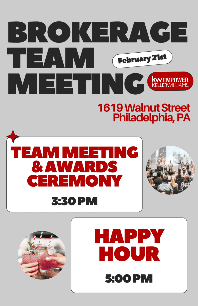 Feb. 21st Brokerage Team Meeting and Awards, Followed by Happy Hour for Our Real Estate Agents at our Walnut Street Office in Philadelphia